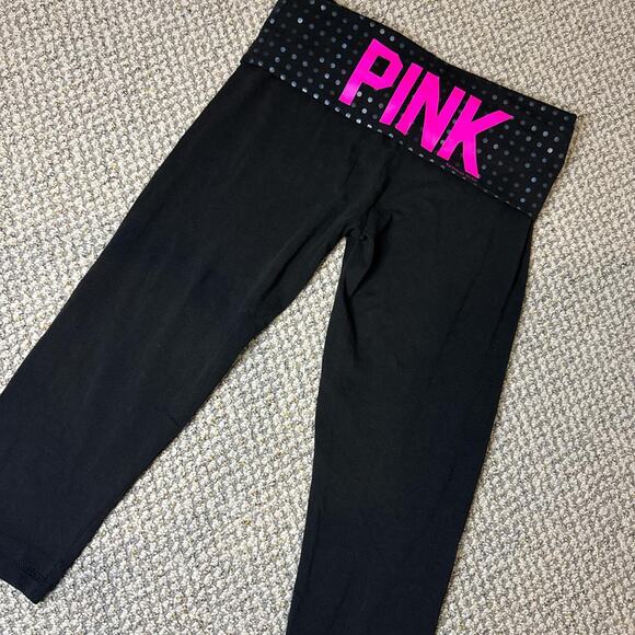 Cute vintage y2k VS PINK low rise fold over logo polka dot capri leggings - Picture 3 of 6